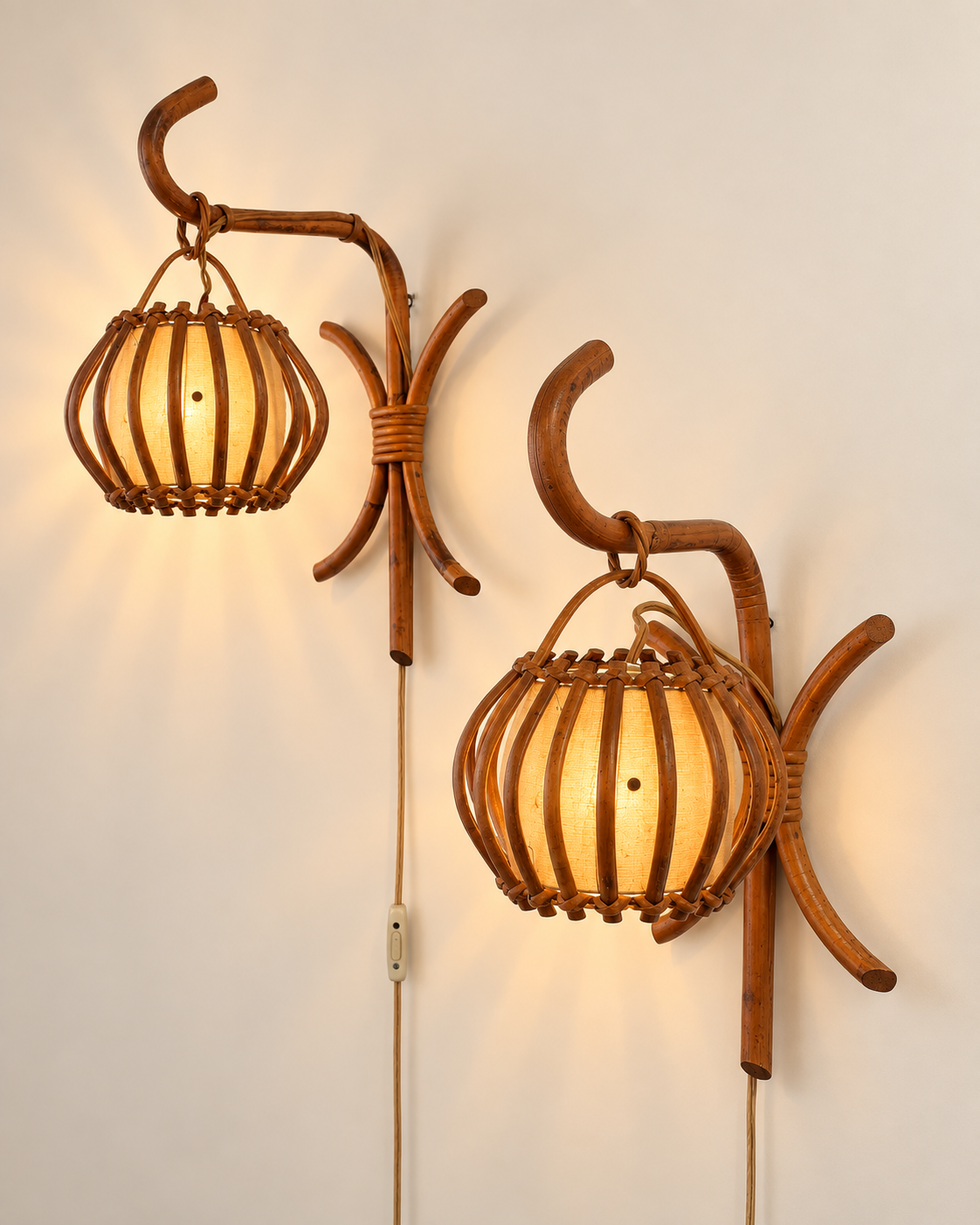 Pair of 1960’s French Bamboo Wall Lights by Louis Sognot